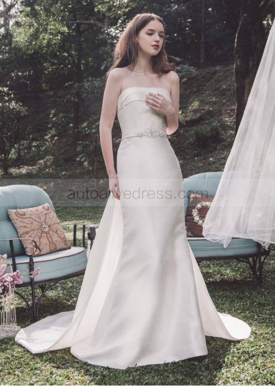 Strapless Ivory Satin Wedding Dress With Detachable Train